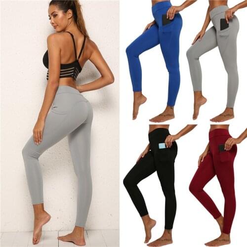 Women Solid Tight Stretchy Sports Cloths Fitness Side Pocket Pants Elastic Slim High Waist Ankle Length Running Leggings