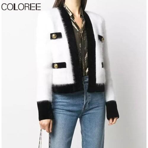 Faux Mink Fur Knitted Sweater Women 2020 Autumn Winter Elegant Pockets Patchwork Cardigan Femme White/Black/Pink Clothes