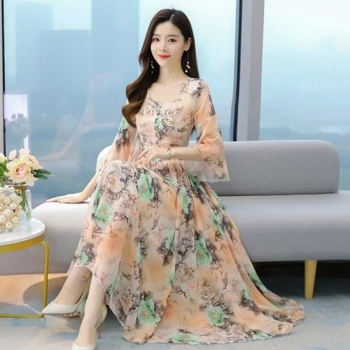 Pink Chiffon Printed Dress Womens 2021 New Large Size V-Neck Long Large Pendant Vacation Beach Bohemian Dresses Female Yellow