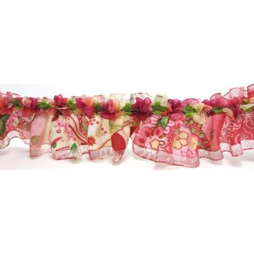 1 5/8 Inch Floral Ombre Pleated Printed Polyester Ribbon with Woven Rosette Trim|Headband Supplies|Hair Embellishment