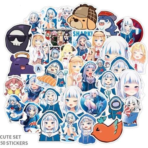 50pcs/set Gawr Gura Stickers Japanese Anime Gawr Gura Waterproof Stickers For DIY Skateboard Guitar Car Suitcase Luggage