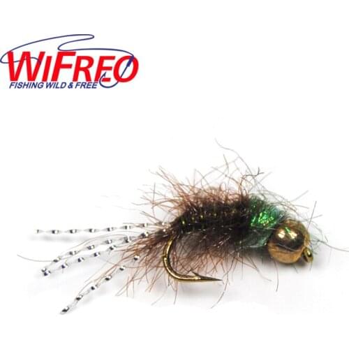 [6 PCS] #12 New Brass Bead Head Nymph Buggy Body Flash Tail Trout Fishing Fly Bait Lures Green Olive