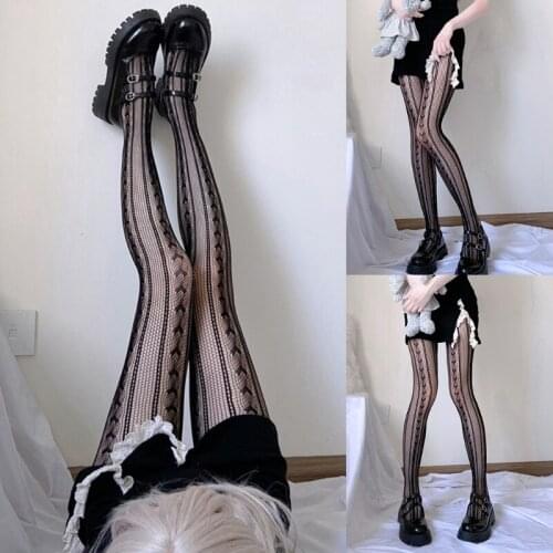 649D Women Dark Love Striped Pantyhose Gothic Sexy Hollow Fishnet Lolita Black Tights