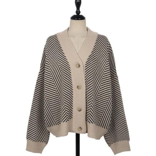 PERHAPS U Apricot Striped Sweater Knitted V-neck Long Sleeve Cardigans Single-breasted Autumn M0277