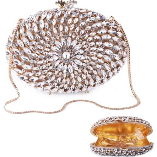 White Rhinestone Party Clutch Evening Bags High-End Gold Metal Women Party Clutch Lady Clutches Handbag Luxury Chain Purses