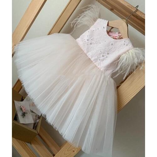 Customized Knee Length Baby Girl Dress Tutu Lace Pearls O Neck Kids Clothes Birthday Dress Children Pageant Party Gown