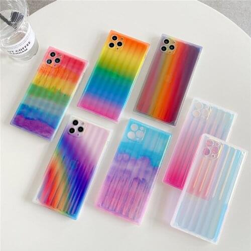 Gradient color Rainbow Square Phone Case for iPhone 12 mini 11 Pro XS Max XR 7 8 Plus SE 2020 Transparent Protection soft Cover