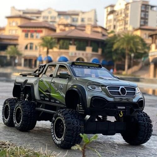 Diecast 1/28 Benz 6x6 Bigfoot Off-road Pickup Truck Simulation Alloy Car Metal Vehicle Model Collection Decoration Boys Toys Car