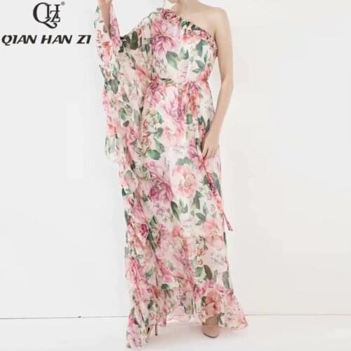 Qian Han Zi Fashion Long Summer Dress Womens One-Shoulder Sexy Long Dress Flower print lotus leaf beach holiday Maxi dress