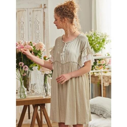 Fashion Cotton Womens Nightgowns Light Green Short Sleeve Sleepwear Loose Royal Princess Girls Night Dress