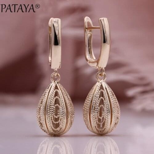 PATAYA New 585 Rose Gold Water Drop Long Earrings Hollow Dangle Earrings Women Fashion Jewelry Simple Engagement Gift Wedding