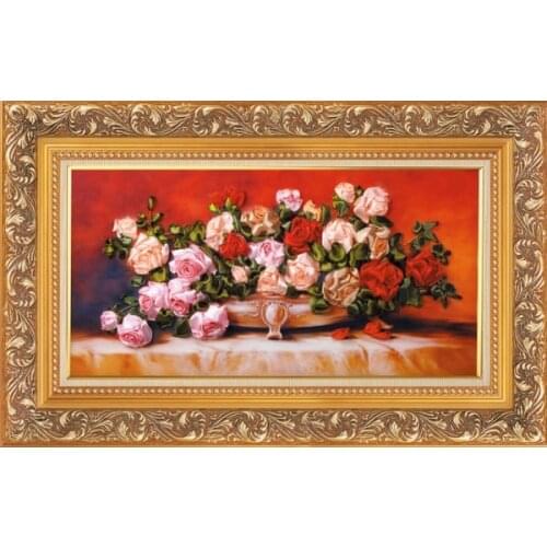 Needlework,DIY Ribbon Cross stitch Sets for Embroidery kit,table vase rose floral flower ribbon Cross-Stitch handwrok needlework