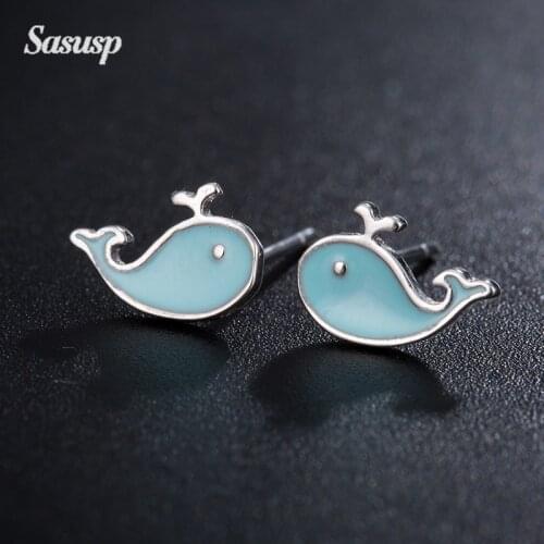 Sasusp Cute Blue Whale Earrings Women Cartoon Animal Stud Earrings Jewelry For Daughter Sister Birthday Party Best Lovely Gift