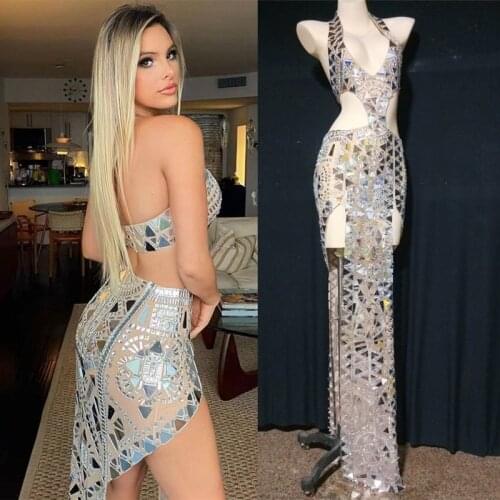 Silver Mirrors Rhinestones Halter V-neck High Split Long Dress Stage Wear Birthday Prom Sequins Outfit Singer Model Sexy Costume