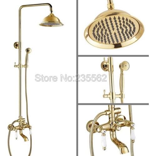 Modern Golden Brass Finish Bathroom Rain Shower Mixer Faucet Dual Ceramic Handle Clawfoot Tub Tap Set Wall Mounted lgf363