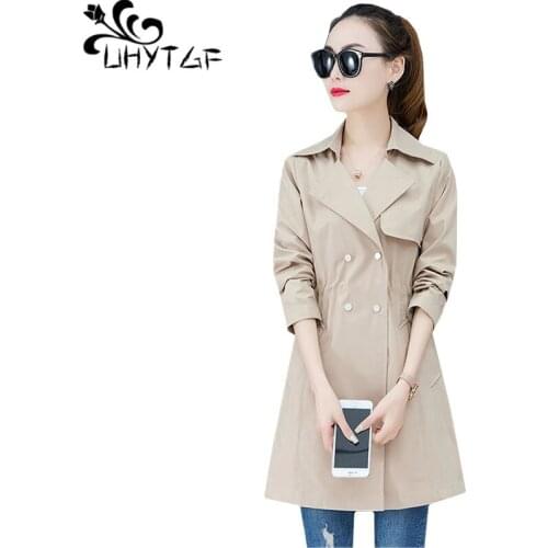 UHYTGF Spring autumn trench coat for women Mid-length Double-breasted Loose thin coat Casual woman plus size tops outerwear 1478