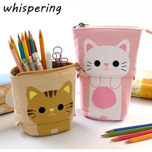 Animal Vertical Pencil Case Big Capacity Canvas School Pencil Bag Storage Bag Pen Pouch Stationery Pull Down Stand Holder