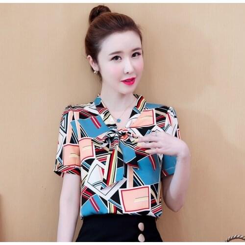 Womens Spring Summer Style Chiffon Blouses Shirt Womens V-neck Bow Printed Short Sleeve Korean Elegant Tops SP140