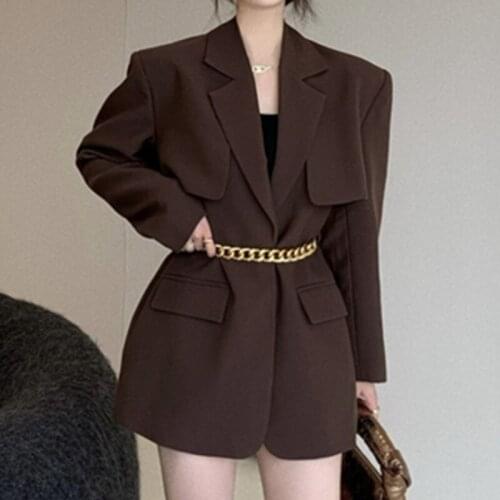 Women Blazer 2021 Autumn Casual Fashion Metal Chain Detachable Black Loose Suit Jacket Female High Quality Solid Veste Femme New
