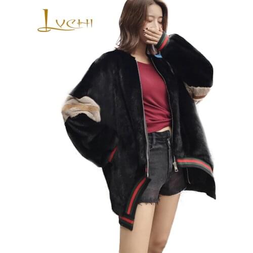 LVCHI 2019 Winter Velvet Mink Fur Coat Women Slim Loss Warm Striped O-Neck Real Fur Coat Striped Patchwork Medium Mink Fur Coats