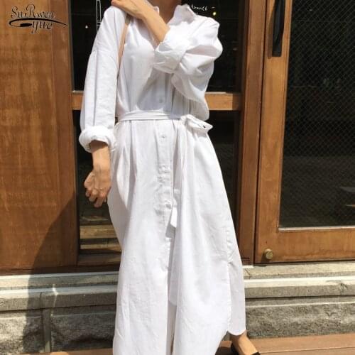 Spring Fashion White Long Sleeve Turn Down Collar Single Breasted Sashes Dress Long Shirt Dresses Shirt Blouse Dress Women 12806