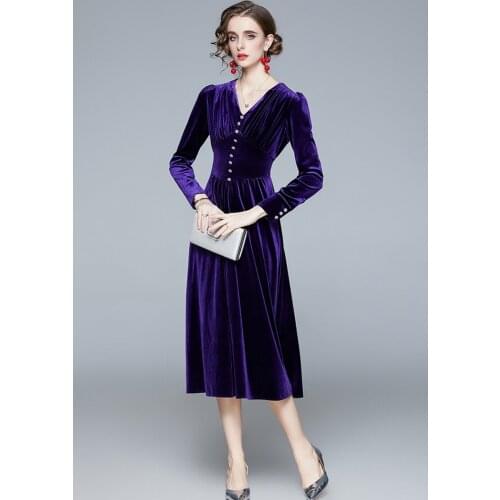 ZUOMAN Women Autumn & Winter Elegant Velvet Dress Festa High Quality Long V-neck Party Robe Femme Vintage Designer Vestidos