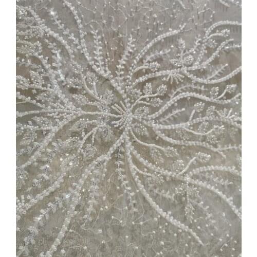 1 Yard Silver Color Bridal Wedding Dress Lace Fabric Luxury Sequin Evening Dress Ivory With Beads Bridal Dress DIY Fabric