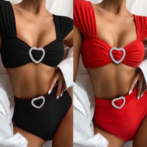Heart Women Ruffer Bikinis Push Up Swimsuit Two Piece Black Swimwear With Belt High Waist Sexy Summer Beach Bathing Suit