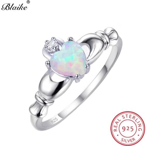 Blaike White Fire Opal Heart Claddagh Rings For Women 100% Real 925 Sterling Silver Wedding Party Ring Birthstone Jewelry Gifts