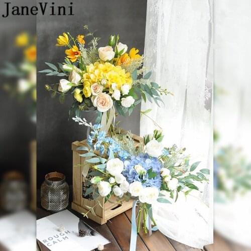 JaneVini Handmade Blue Flowers Bridal Bouquet Purple Yellow Hortensia Rose Artificielle Artificial Flower Wedding Bouquet Brooch