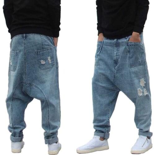 Distressed Streetwear Ripped Harem Jeans Men Casual Loose Baggy Trousers Hip Hip Dropcrotch Denim Pants Male Clothes Big Size