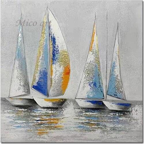 Large Size Pure Hand-painted Abstract Sailing Boat Ship Oil Painting Wall Decor Pictures Canvas Artwork For Living Room Decor