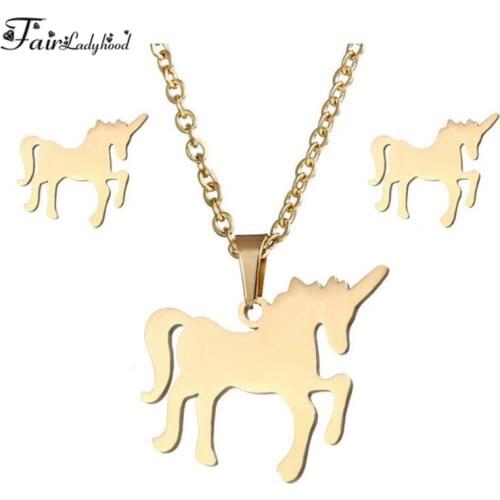 Fairladyhood Unicorn Custom Stainless Steel Jewelry Set Silver Gold Rose Gold Colors Necklace And EarringsFor Women Jewelry Set