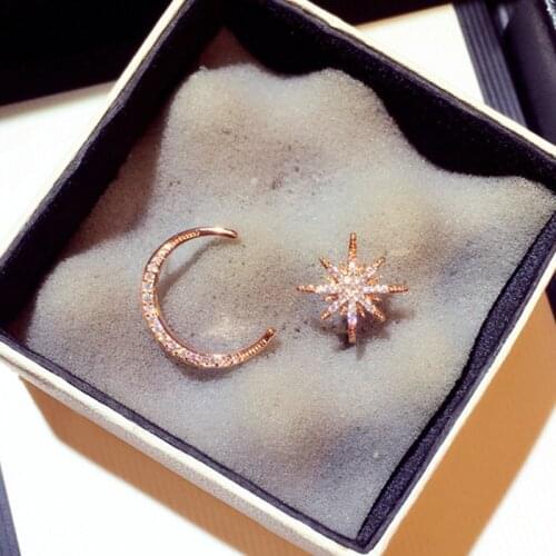 Korean Hot Sale Asymmetry Moon Star Women Earrings Elegant Bling Shine Zirconia High QualityStud Earring Birthday Gift Jewelry