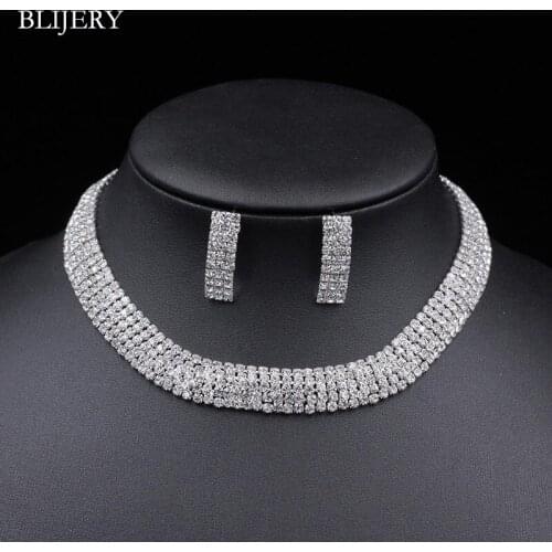 BLIJERY Silver Color Crystal Wedding Jewelry Set for Women Full Rhinestones Choker Necklace Earrings Set Bridal Jewelry Sets