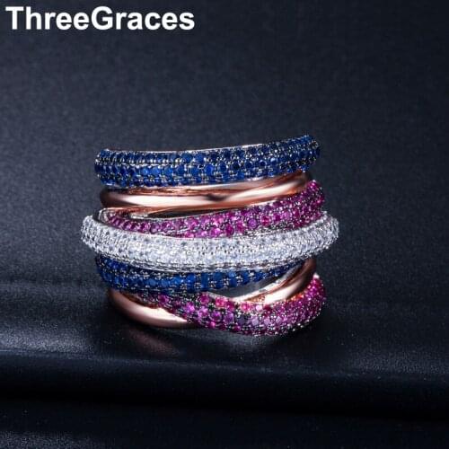 ThreeGraces Trendy Micro Pave Cubic Zirconia Crystal Round Multi Color Statement Wedding Engagement Party Ring for Women RG010