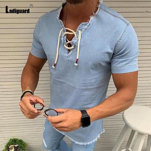 Plus Size 4xl 5xl Mens Fashion Lace-up V-neck Shirt Basic Tops Sexy Men clothing 2021 Summer Casual Pullovers Long Sleeve Blouse
