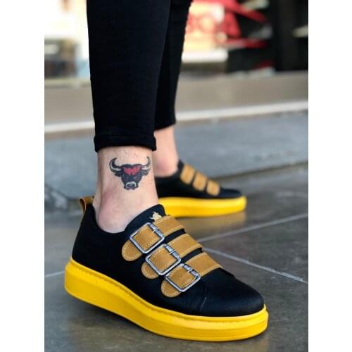 BA0137 Boa Black Yellow Buckled Thick Outsole Shoe