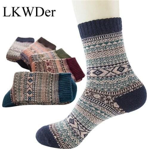 5pairs Men Socks Vintage Striped Totem Winter Warm Teenager Merino Wool Socks Rabbit Wool Thick Thermal Socks Art For Male Mujer