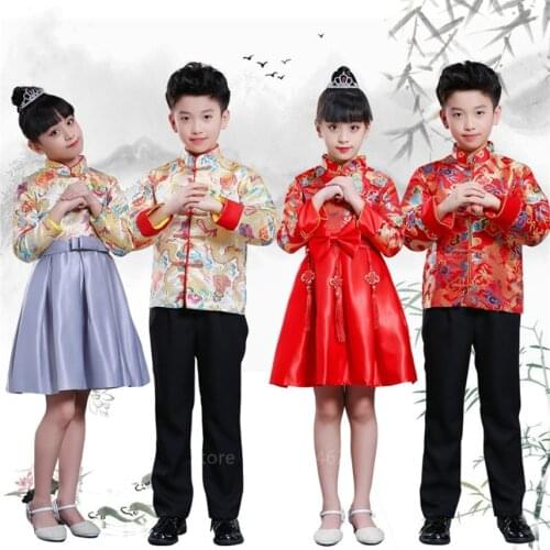 Boys Girls Chinese New Year Clothes Traditional Dragon Embroidery Tang Suit Kids Stage Party Festival Oriental Hanfu