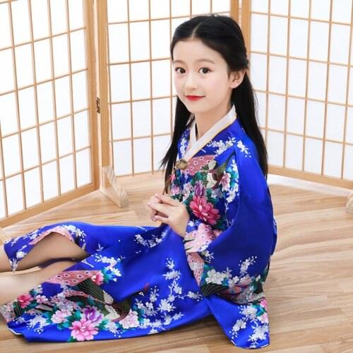 Direct selling new childrens kimono Japanese bathrobe girl Princess Dress performance temperament lovely bow peacock print
