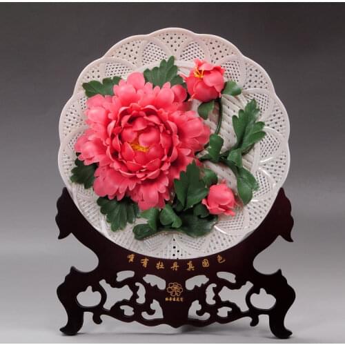 Pink peony ceramic jewelry crafts Home Furnishing disk gifts housewarming ornaments hanging hollow plate
