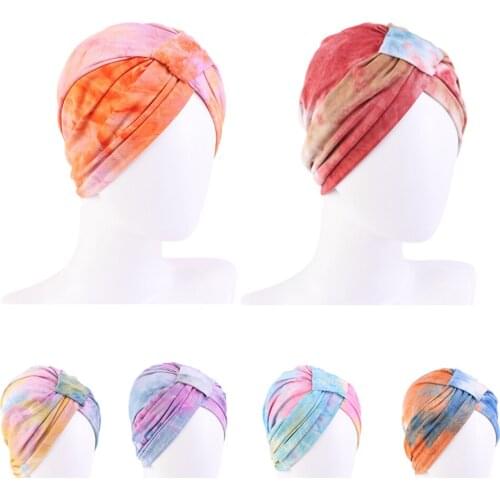 Women Tie Dye Bonnet Knot Beanies Skullies Hair Loss Hat Muslim Chemo Cancer Cap Turban Bandanas Headscarf Arab Islamic Fashion
