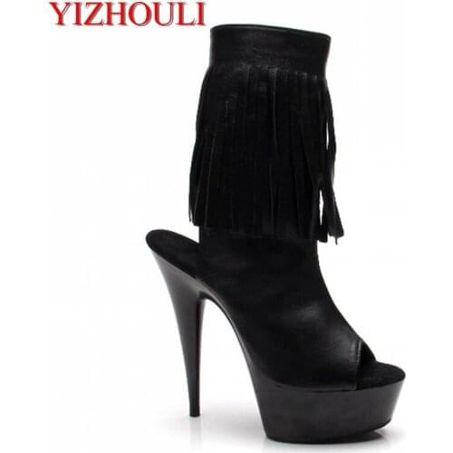 Sexy sexy fringe, hollowed-out cold boots 15cm high heels and club lapel Shoes 15cm