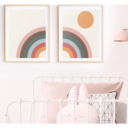 Mid Century Modern Rainbow Art Canvas Painting Prints Minimalist Rainbow & Sun Poster Retro Scandinavian Nursery Wall Art Decor