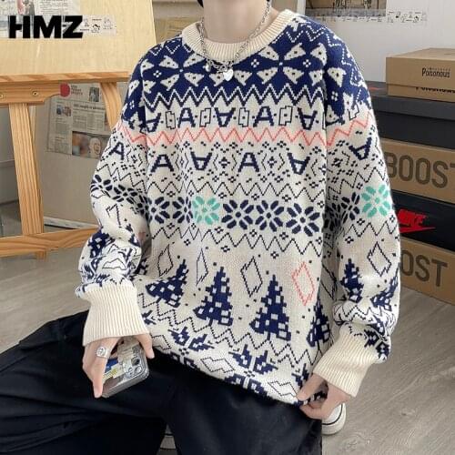 HMZ Harajuku Knit Sweater Men Streetwear O-neck Pullover Men Sweater Autumn New Fashion Quality Knitted Geometry Sweater for Men