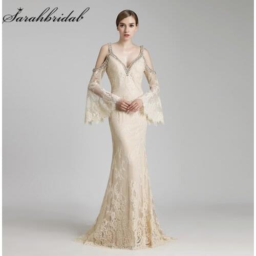 In Stock Charming Evening Gowns V Neck Long Sleeves Backless Trumpet New Party Dresses Beaded Lace Empire Robe De Soiree LX503