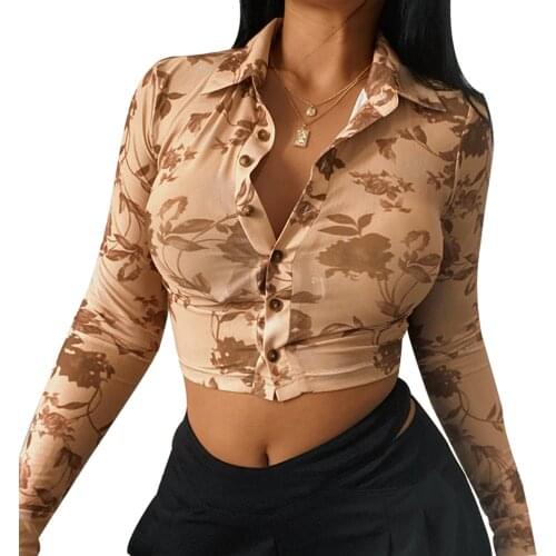 2021 Trendy Vintage Sexy Floral Print Shirt Women See Through Blouses Long Sleeve Turn-Down Collar Slim Cardigan Casual Crop Top