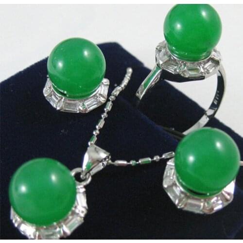 Womens temperament personalized fashion metal silver plated Green Jade Earrings + rings + Pendant Necklace Set