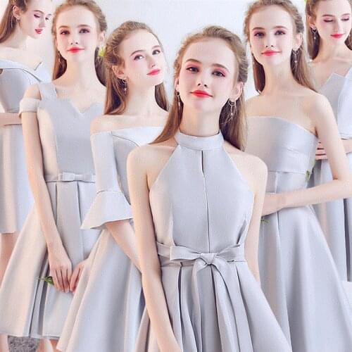 Vestido De Festa New Grey Bridesmaid Dresses Short High Low Satin Halter Elegant Cheap Wedding Prom Party Formal Gown Under 50
